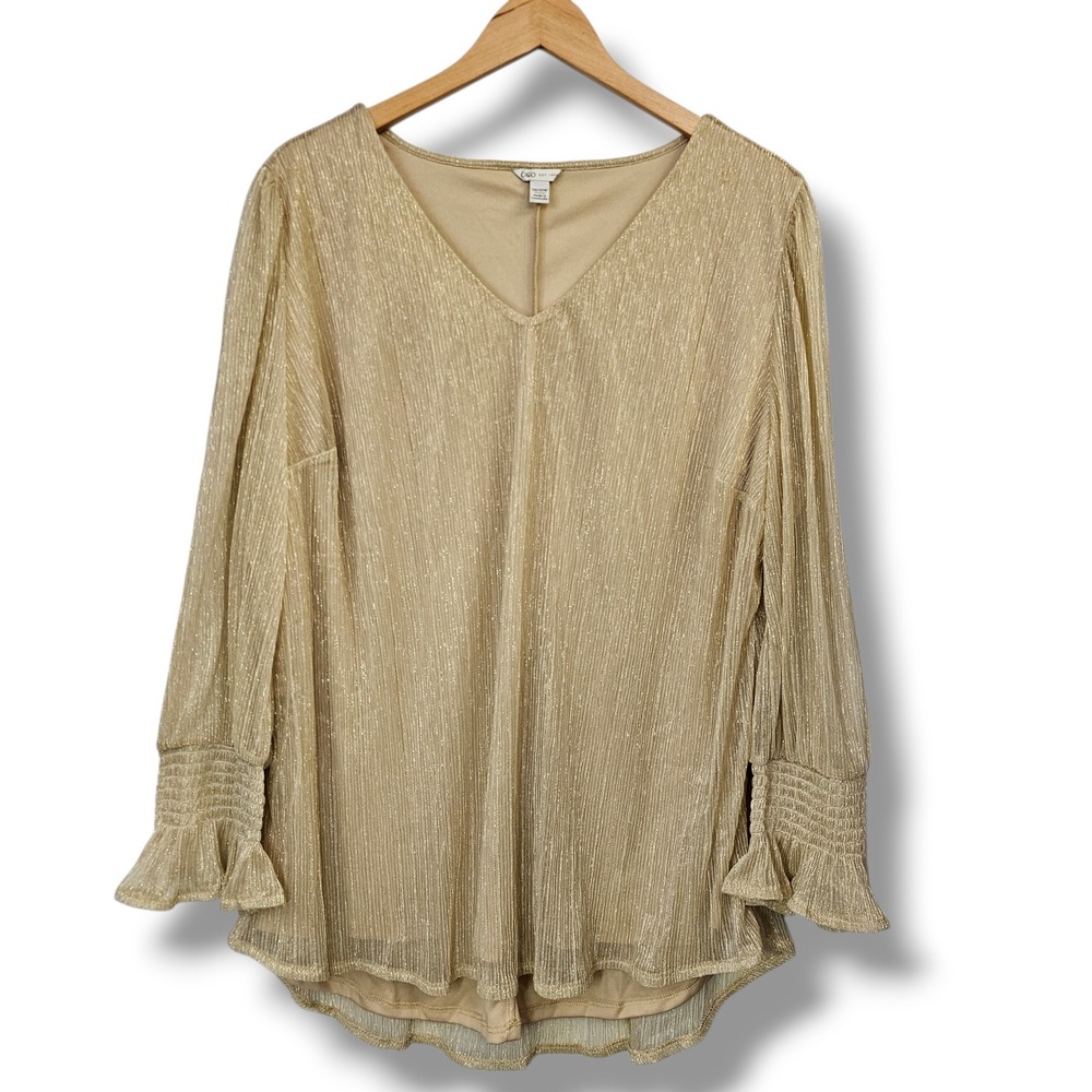 Cato Gold Metallic Top 18/20W 2X Smocked Cuff Flowy Fairy Ethereal Angelic Regal